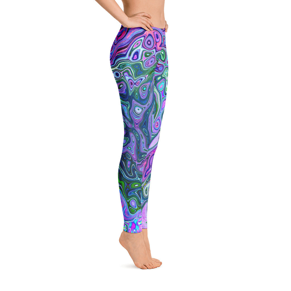 Leggings for Women, Groovy Abstract Retro Green and Purple Swirl