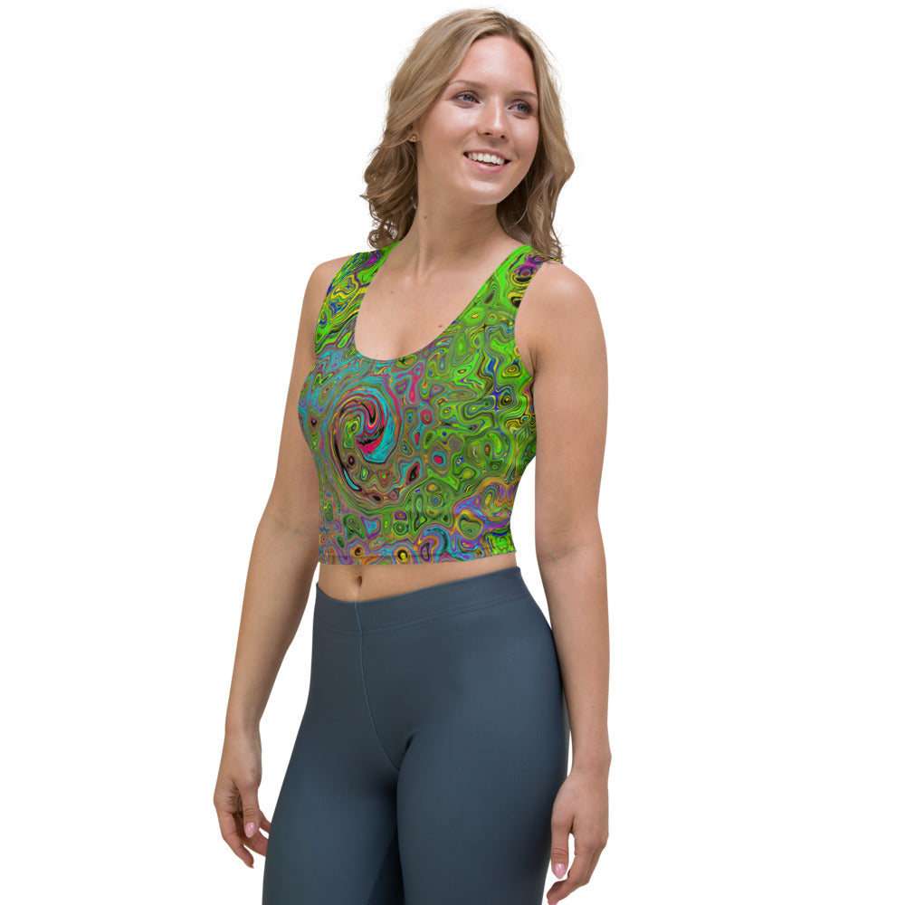 Cropped Tank Tops, Groovy Abstract Retro Lime Green and Blue Swirl