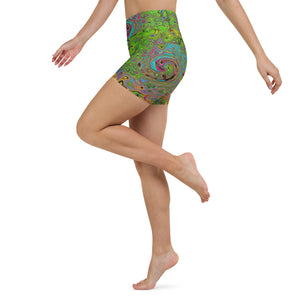 Yoga Shorts, Groovy Abstract Retro Lime Green and Blue Swirl