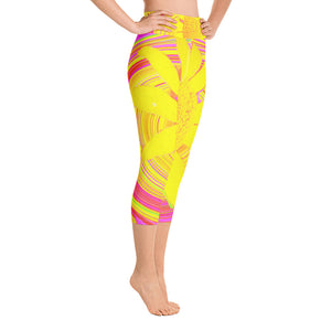 Capri Yoga Leggings, Yellow Sunflower on a Psychedelic Swirl