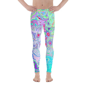 Men's Leggings, Groovy Abstract Retro Pink and Green Swirl