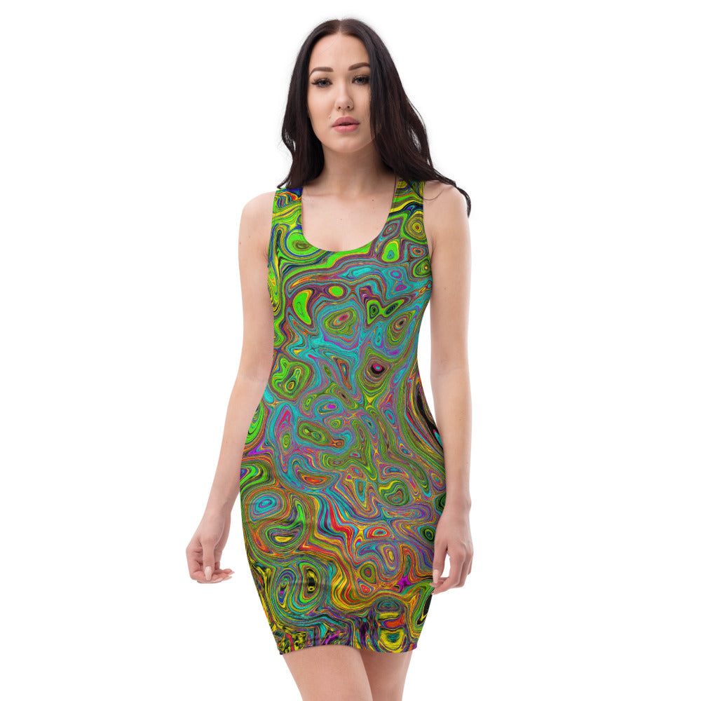 Bodycon Dress, Groovy Abstract Retro Lime Green and Blue Swirl