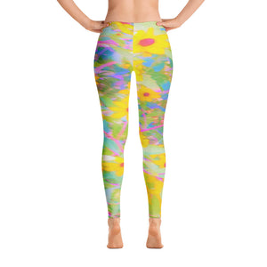 Leggings for Women, Pretty Yellow and Red Flowers with Turquoise