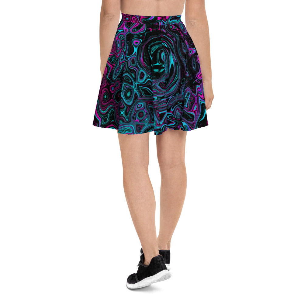 Skater Skirts, Retro Aqua Magenta and Black Abstract Swirl