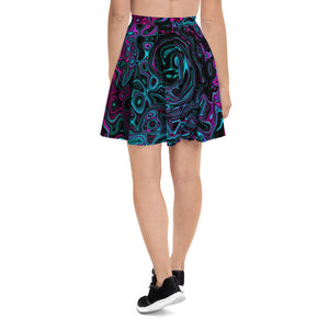 Skater Skirts, Retro Aqua Magenta and Black Abstract Swirl