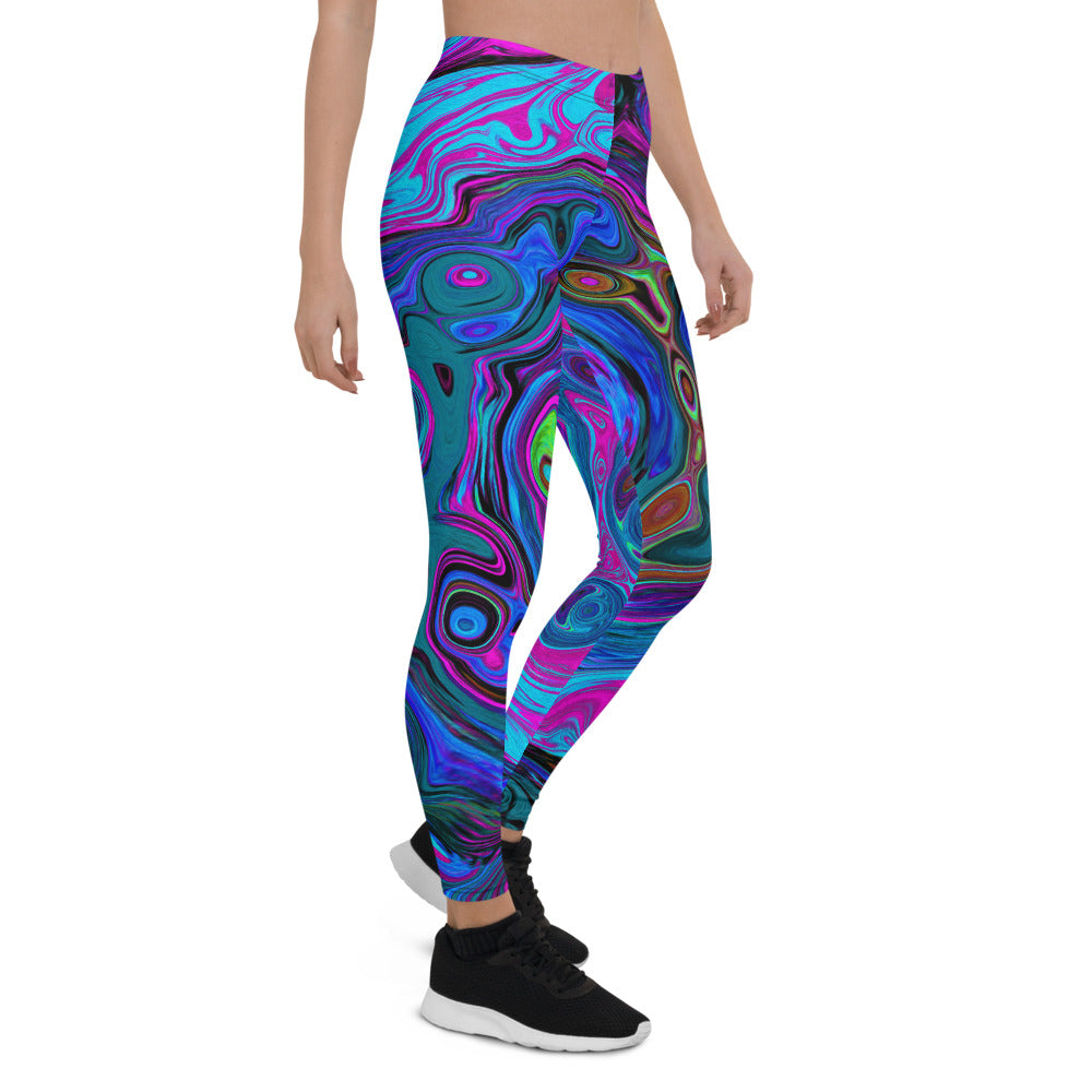 Leggings for Women, Groovy Abstract Retro Blue and Purple Swirl