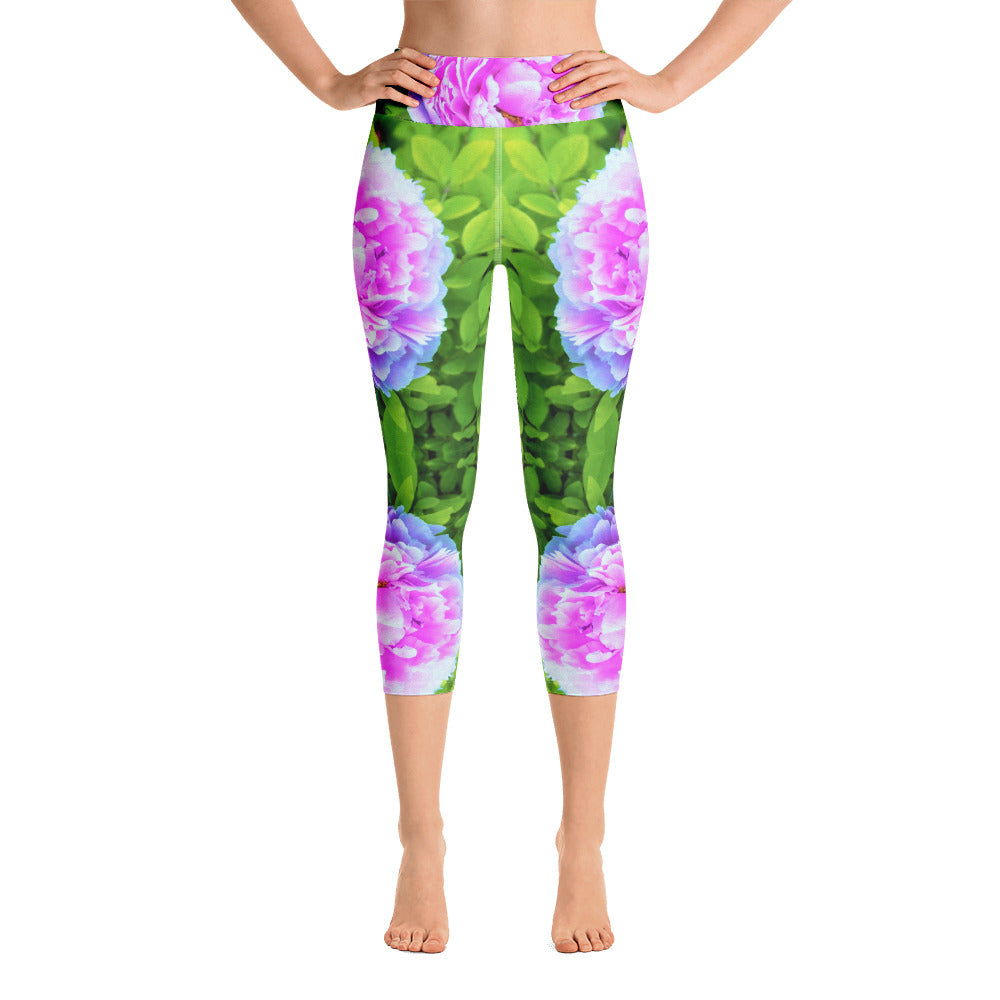 Capri Yoga Leggings, Pink Peony and Golden Privet Hedge Garden