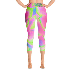 Yoga Capri Leggings, Lime Green and Pink Succulent Sedum Rosette