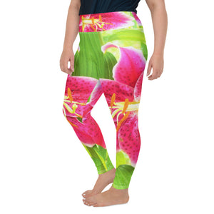 Plus Size Leggings, Pretty Deep Pink Stargazer Lily on Lime Green