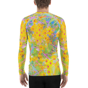 Men's Athletic Rash Guard, Pretty Yellow and Red Flowers with Turquoise
