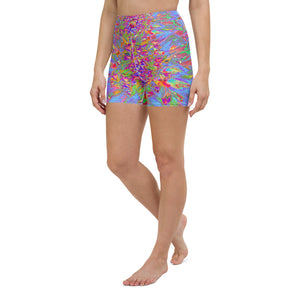 Yoga Shorts for Women, Psychedelic Groovy Blue Abstract Dahlia Flower