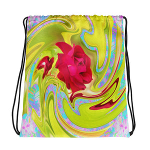 Drawstring bags, Painted Red Rose on Yellow and Blue Abstract