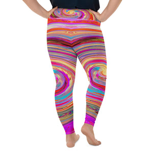 Plus Size Leggings, Colorful Rainbow Swirl Retro Abstract Design