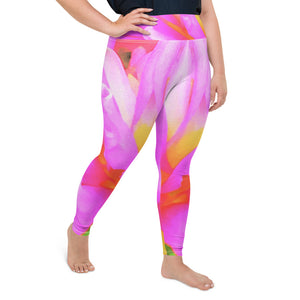 Plus Size Leggings, Fiery Hot Pink and Yellow Cactus Dahlia Flower