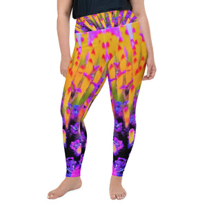 Plus Size Leggings, Abstract Macro Hot Pink and Yellow Coneflower