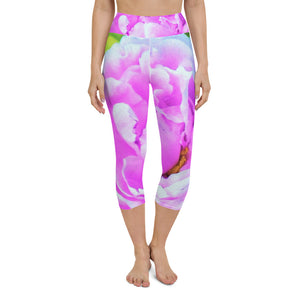 Capri Yoga Leggings, Stunning Double Pink Peony Flower Detail