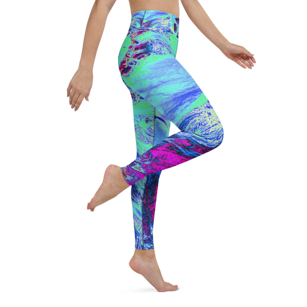 Yoga Leggings for Women, Psychedelic Retro Green and Blue Hibiscus Flower