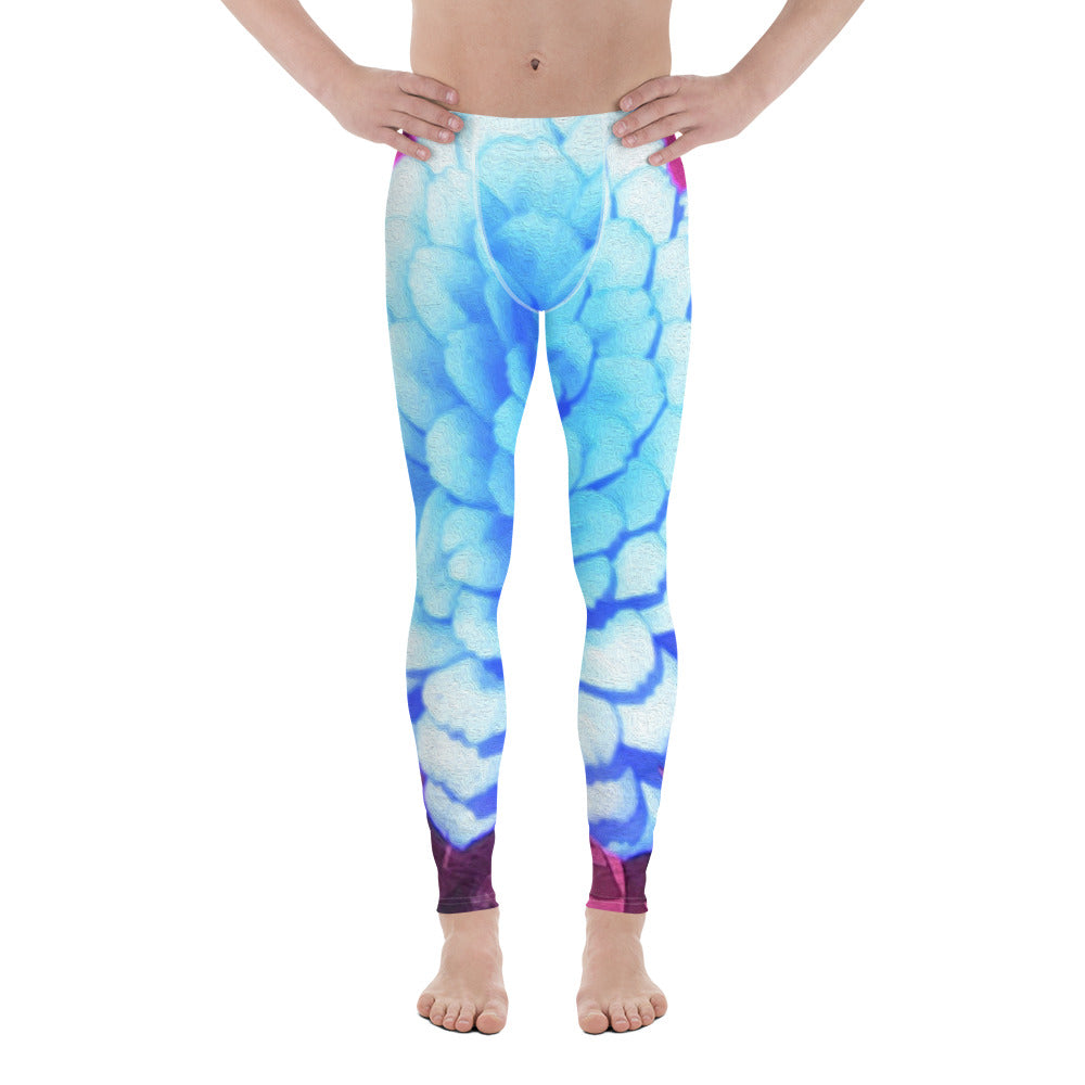 Men's Leggings, Pretty Blue Zinnia in the Purple Summer Garden