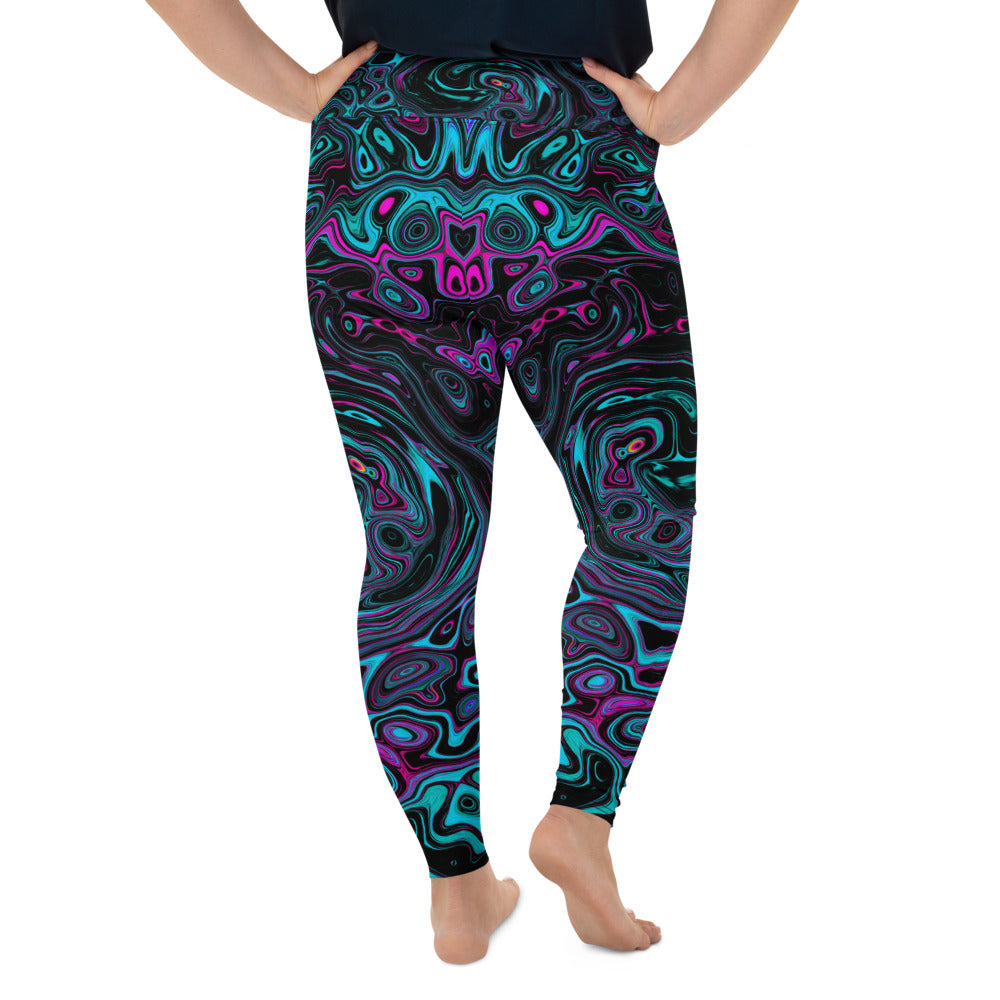 Plus Size Leggings, Retro Aqua Magenta and Black Abstract Swirl