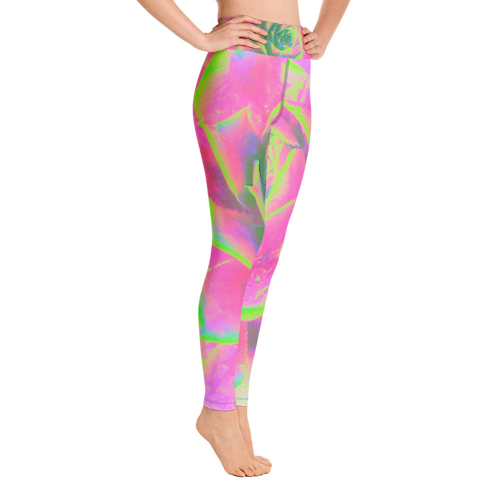 Yoga Leggings, Lime Green and Pink Succulent Sedum Rosette