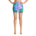 Yoga Shorts, Pretty Magenta and Royal Blue Garden Flowers