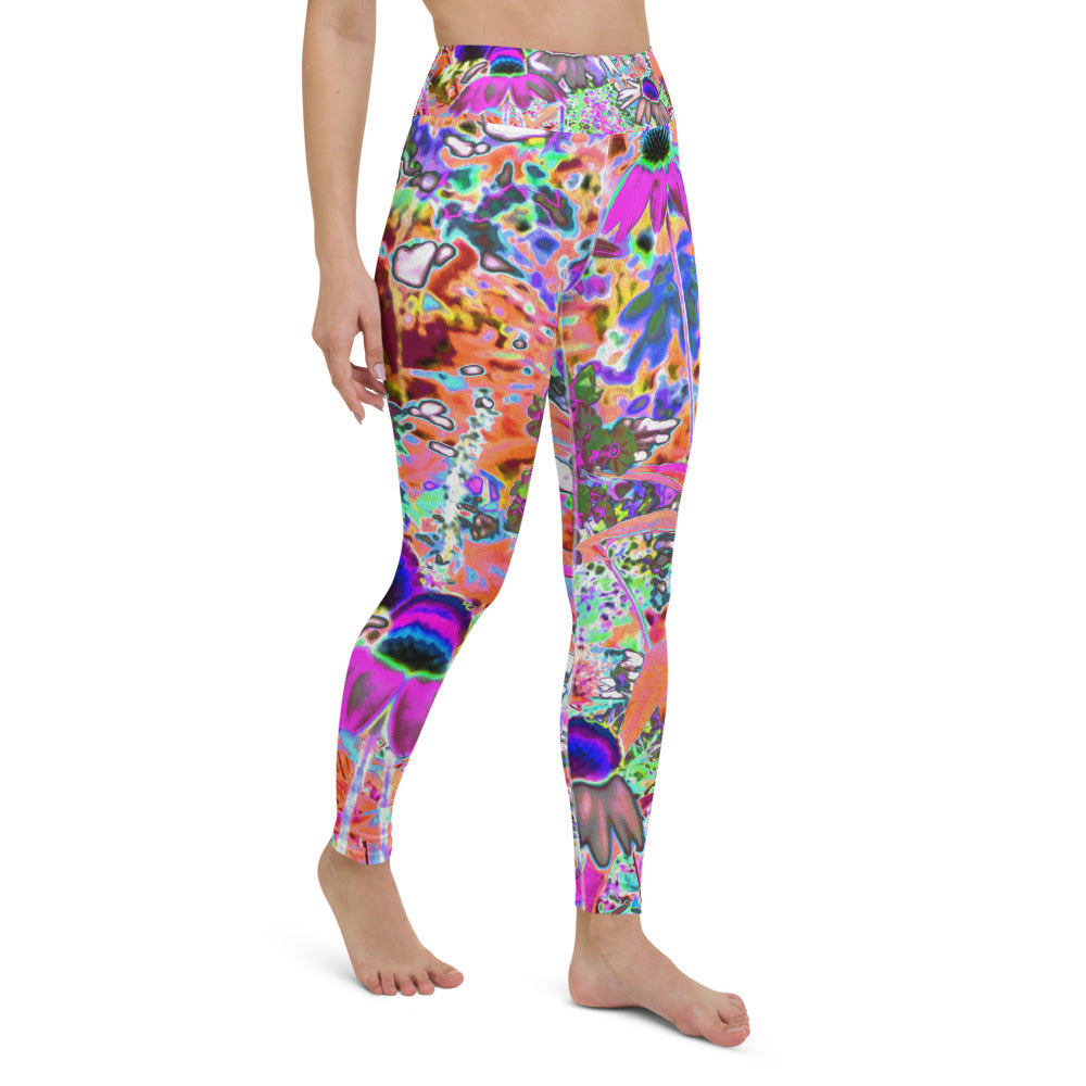 Yoga Leggings for Women, Psychedelic Hot Pink and Lime Green Garden Flowers