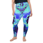 Plus Size Leggings, Psychedelic Retro Green and Blue Hibiscus Flower