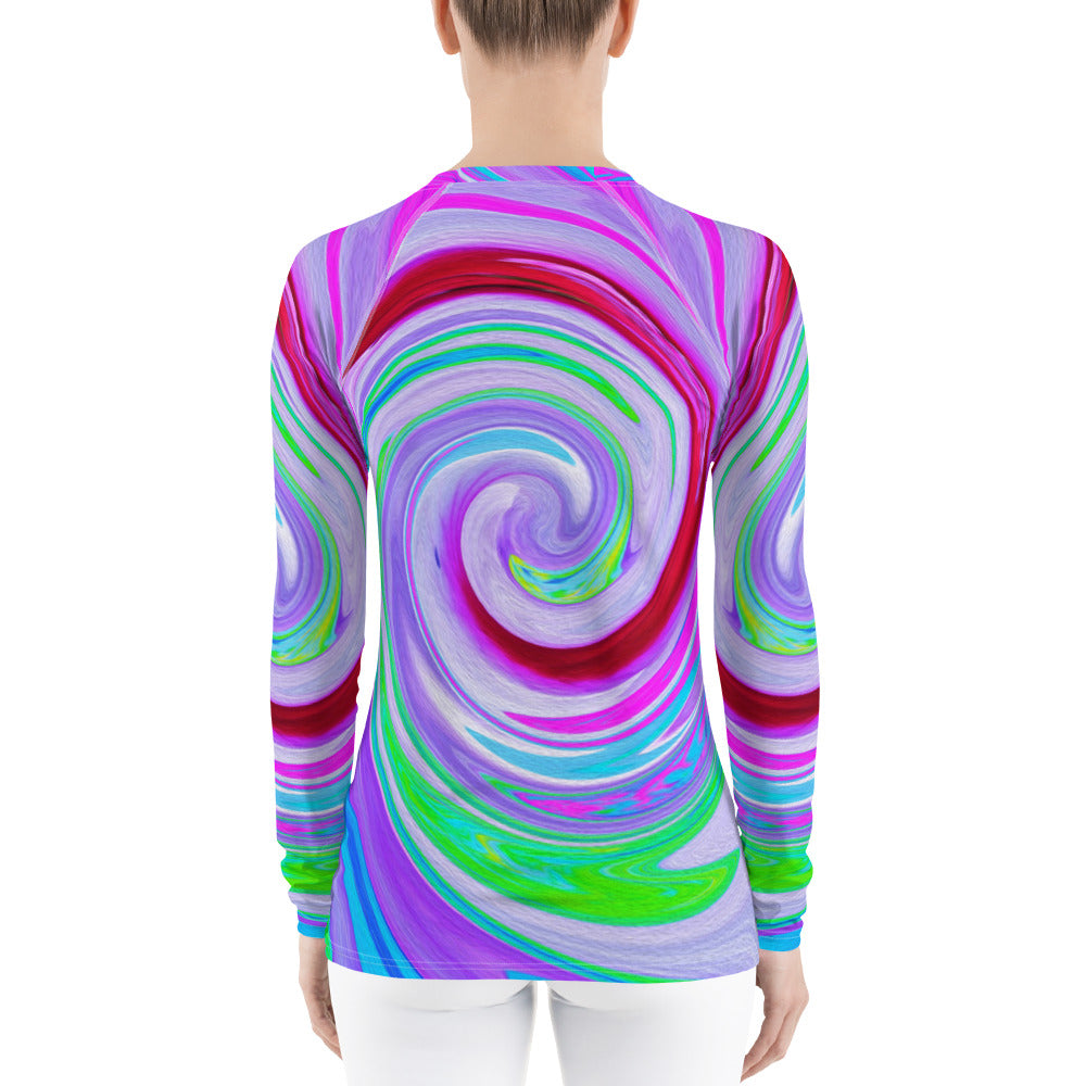 Women's Rash Guard, Groovy Abstract Red Swirl on Purple and Pink
