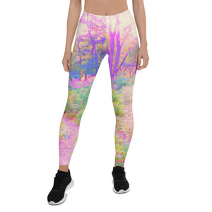 Leggings for Women, Illuminated Pink and Coral Impressionistic Landscape