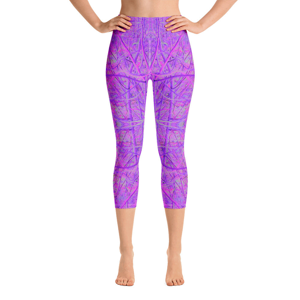 Capri Yoga Leggings, Hot Pink and Purple Abstract Branch Pattern