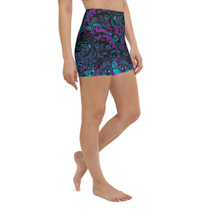 Yoga Shorts, Retro Aqua Magenta and Black Abstract Swirl