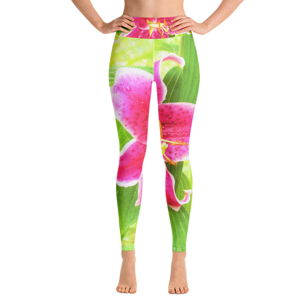 Yoga Leggings for Women, Pretty Deep Pink Stargazer Lily on Lime Green