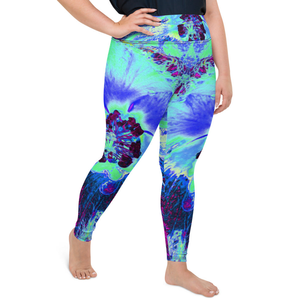 Plus Size Leggings, Psychedelic Retro Green and Blue Hibiscus Flower