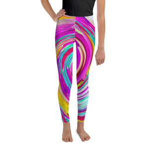 Youth Leggings, Colorful Fiesta Swirl Retro Abstract Design