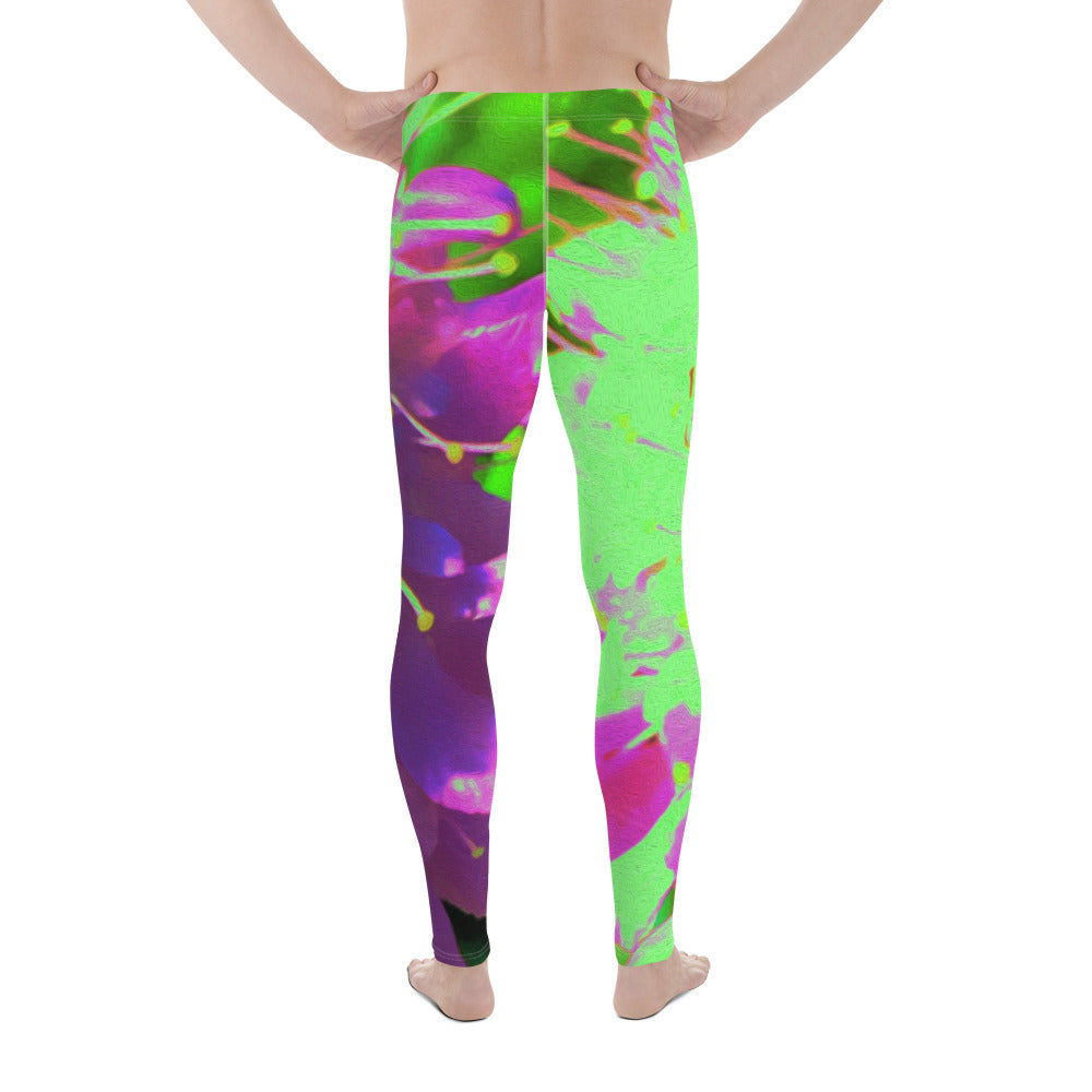 Men's Leggings, Abstract Flower in Lime Green and Purple