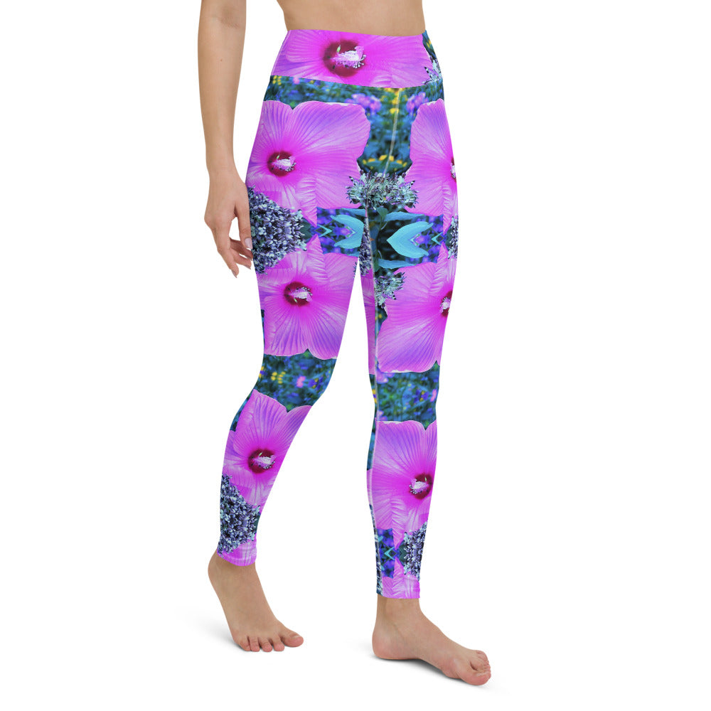 Yoga Leggings, Pink Hibiscus with Blue Hydrangea Foliage