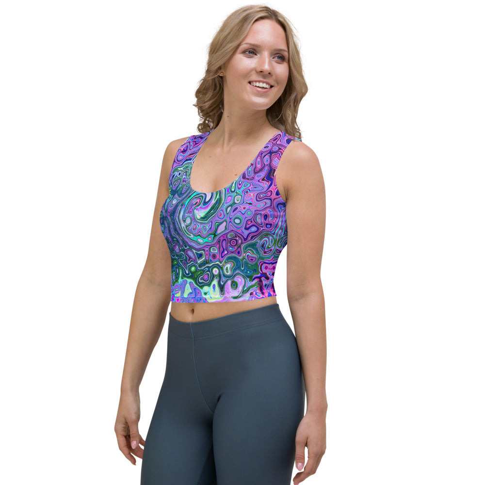 Cropped Tank Top, Groovy Abstract Retro Green and Purple Swirl