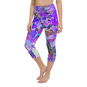 Capri Yoga Leggings, Trippy Purple and Magenta Colorful Wildflowers