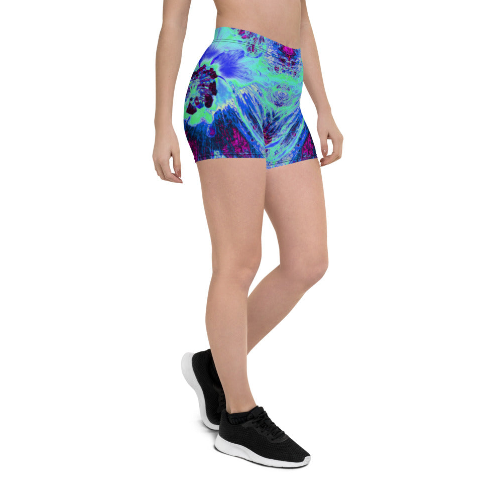 Spandex Shorts for Women, Psychedelic Retro Green and Blue Hibiscus Flower