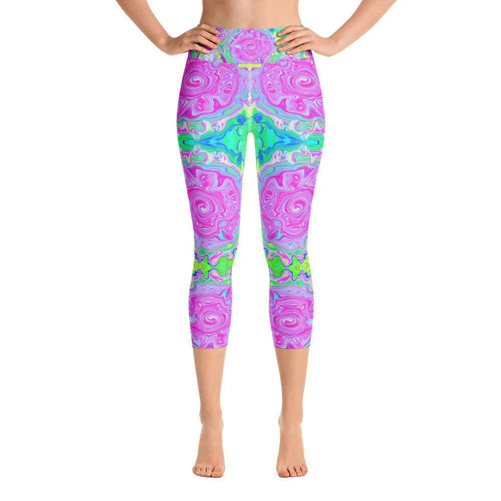 Yoga Capri Leggings, Groovy Aqua, Pink and Pastel Green Liquid Art