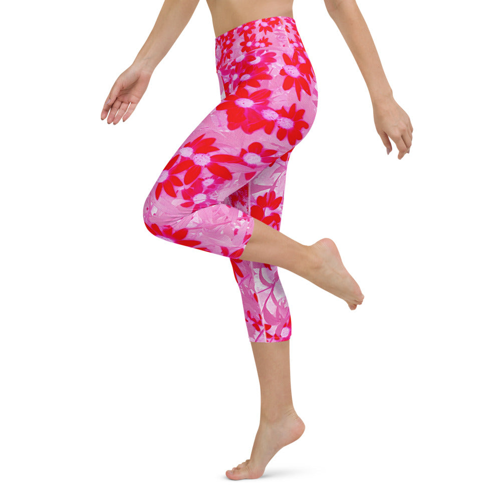 Capri Yoga Leggings for Women, Pretty Red Flowers