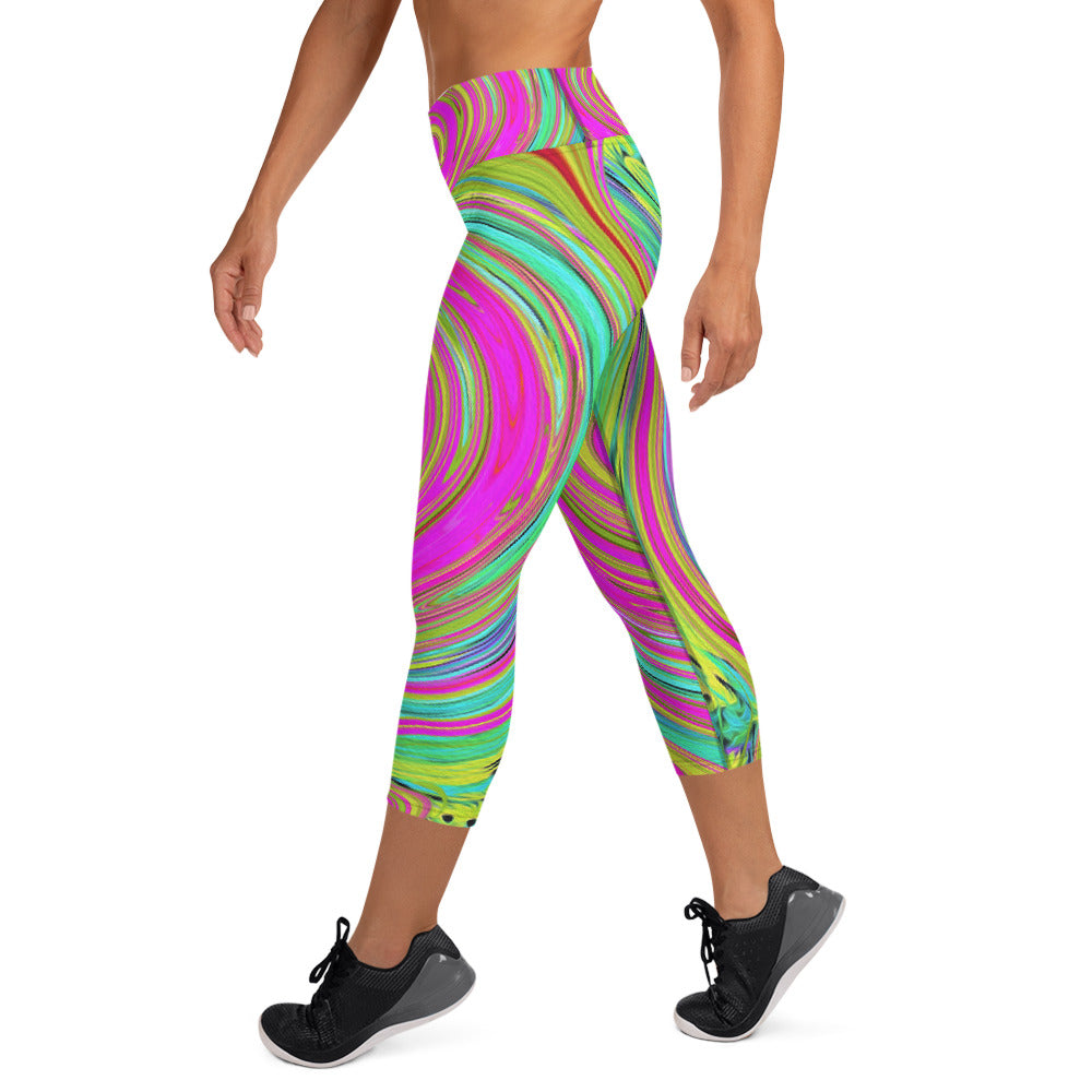 Yoga Capri Leggings, Groovy Abstract Pink and Turquoise Swirl with Flowers