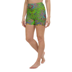 Yoga Shorts, Groovy Abstract Retro Lime Green and Blue Swirl