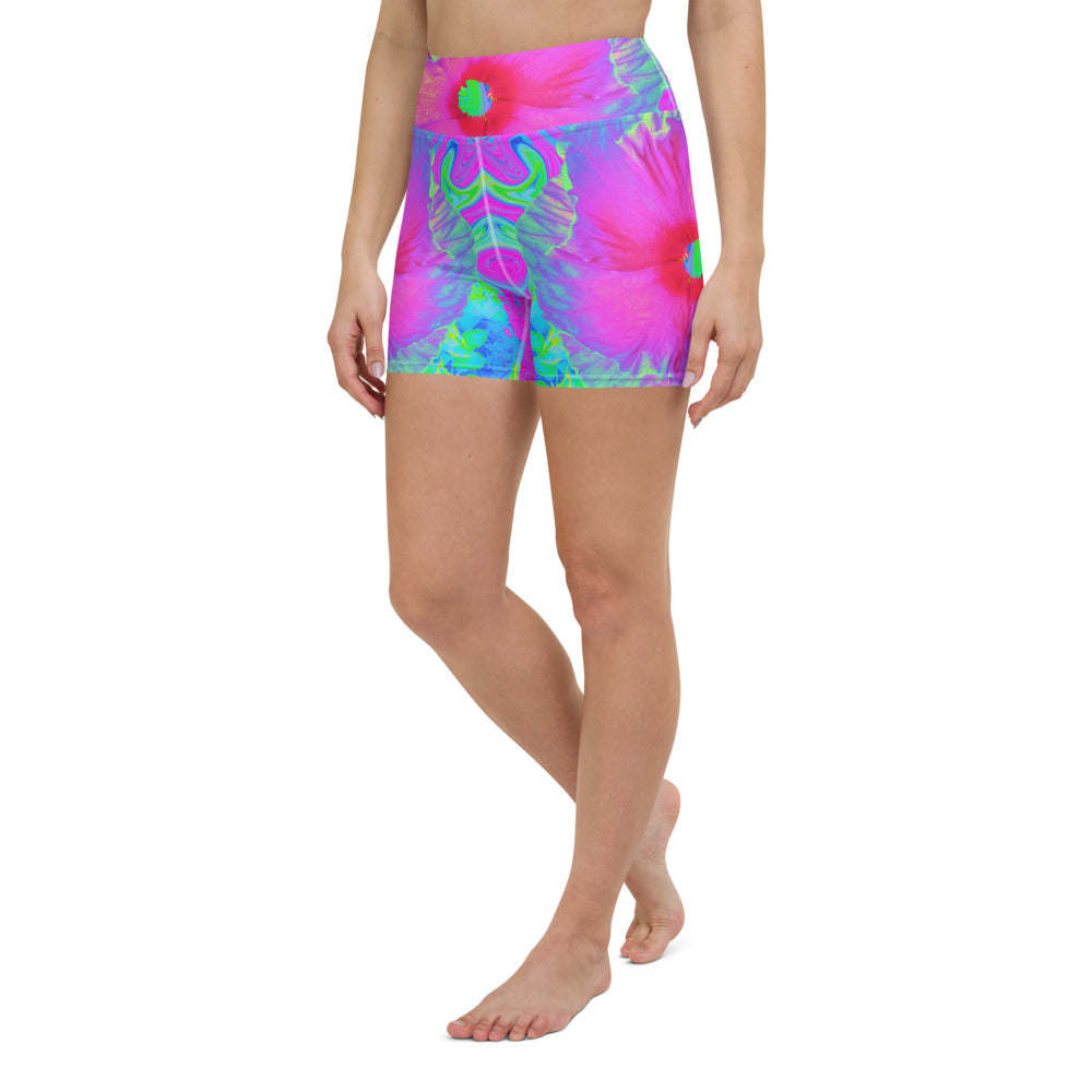 Yoga Shorts, Psychedelic Pink and Red Hibiscus Flower