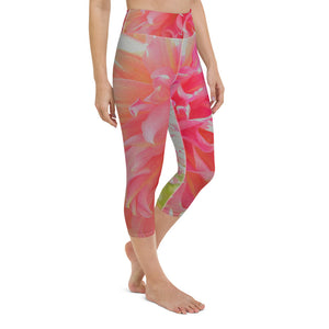 Capri Yoga Leggings, Elegant Coral and Pink Decorative Dahlia