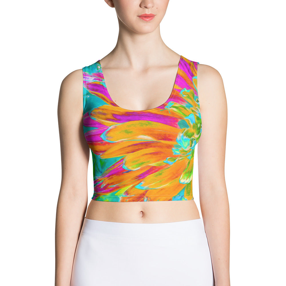 Cropped Tank Top, Tropical Orange and Hot Pink Decorative Dahlia