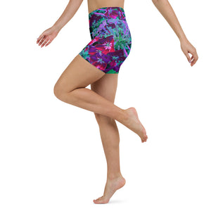 Yoga Shorts, Dramatic Red, Purple and Pink Garden Flower