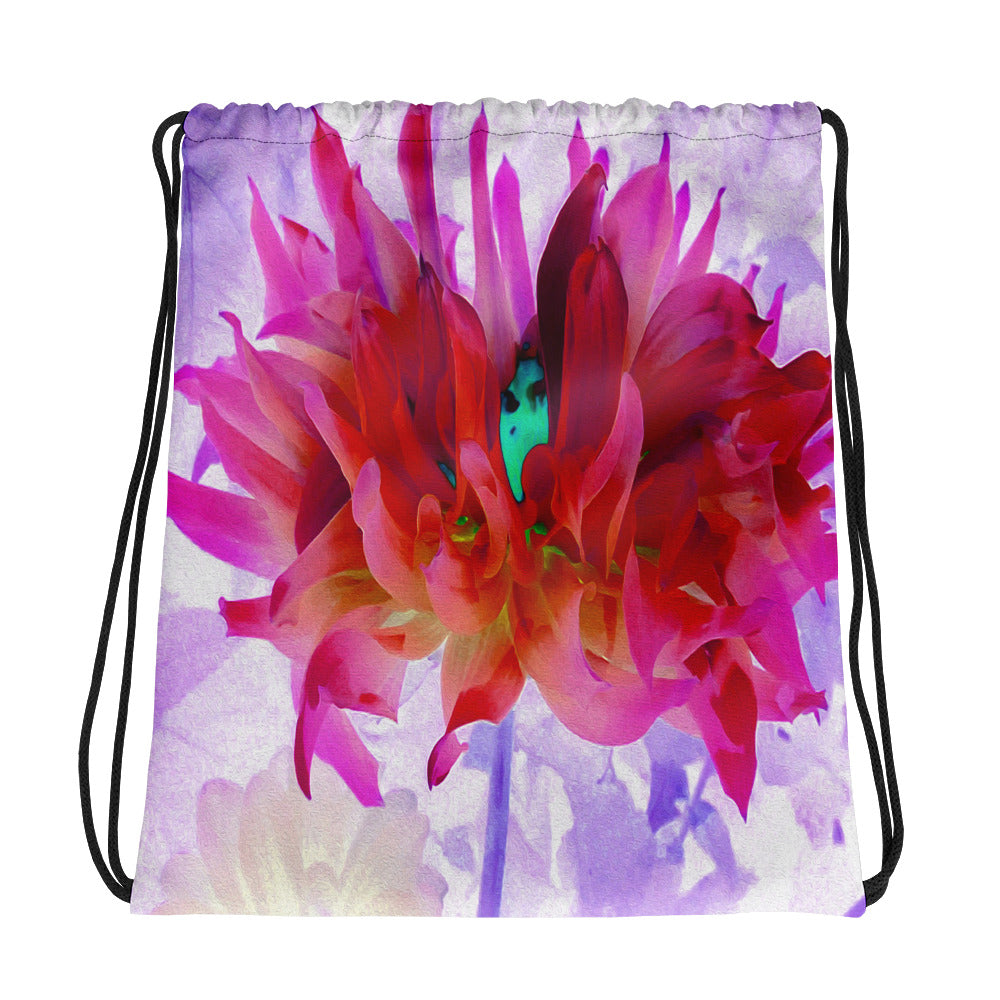 Fabric Drawstring Bag, Stunning Red and Hot Pink Cactus Dahlia