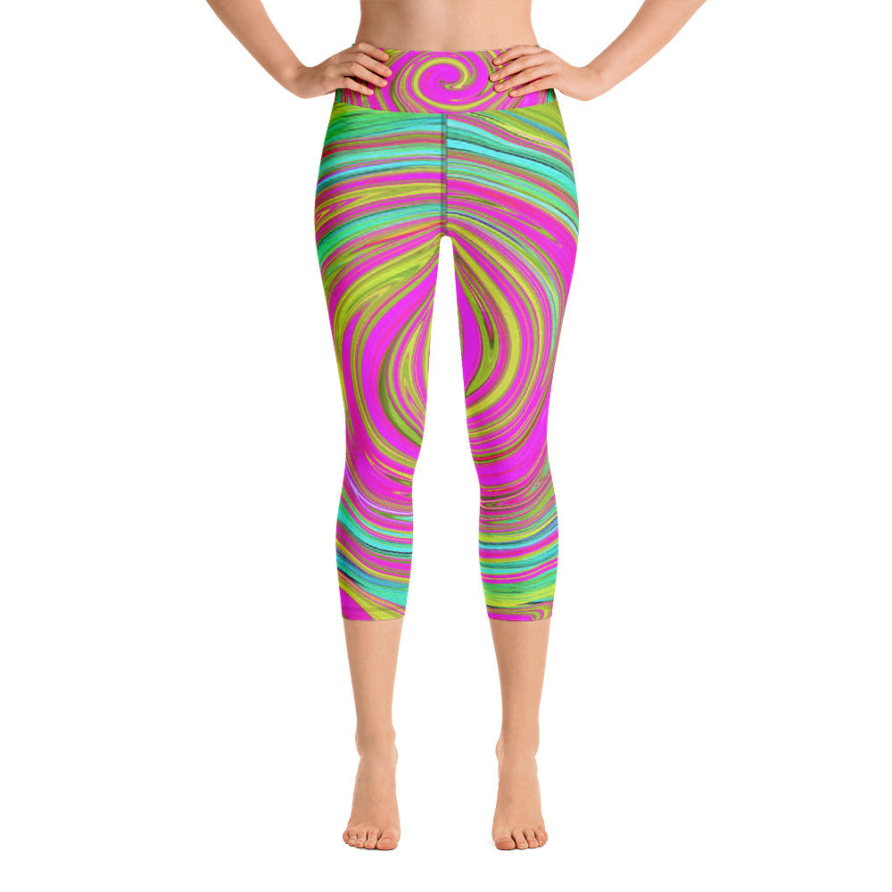 Yoga Capri Leggings, Groovy Abstract Pink and Turquoise Swirl with Flowers