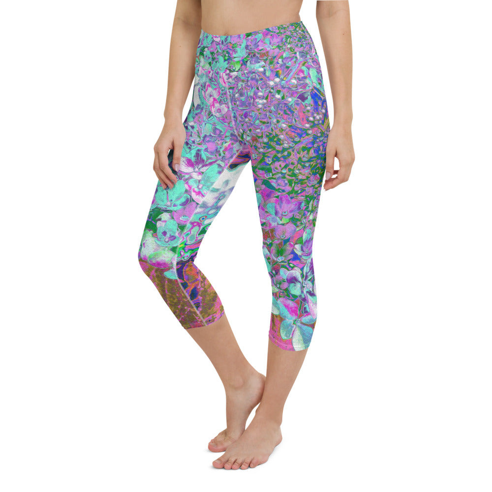 Capri Yoga Leggings, Elegant Aqua and Purple Limelight Hydrangea Detail